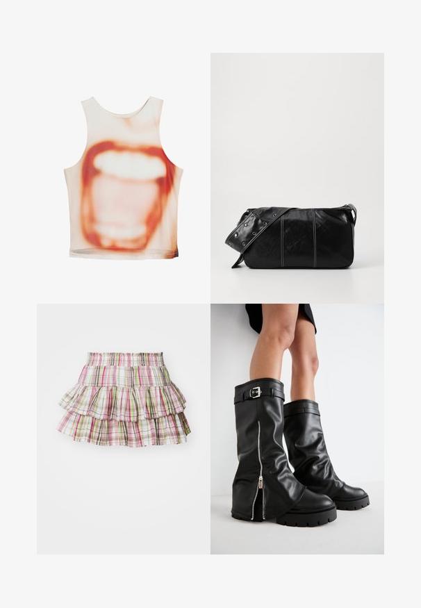 Hihaton paita, jossa on suuri suuprintti beigen ja oranssin sävyissä, valmistettu sileästä kankaasta, joka on rentoa mitoitusta.; Pliseerattu hame, jossa on joustava vyötärö, ja joka esittelee ruudullista kuviota vaaleanpunaisissa, vihreissä ja ruskeissa sävyissä. Kevyt puuvillamateriaali.; Musta nahkainen polvipitkä saappaat, joissa on leveä varsi, sivuzip, solkiyksityiskohta, teksturoidu pinta ja paksu kumipohja.; Mustakulmainen nahkainen olkalaukku, jossa on vetoketjukiinnitys, teksturoitu pinta, valkoiset ompeleet ja hihna, jossa on hopeiset niitit.