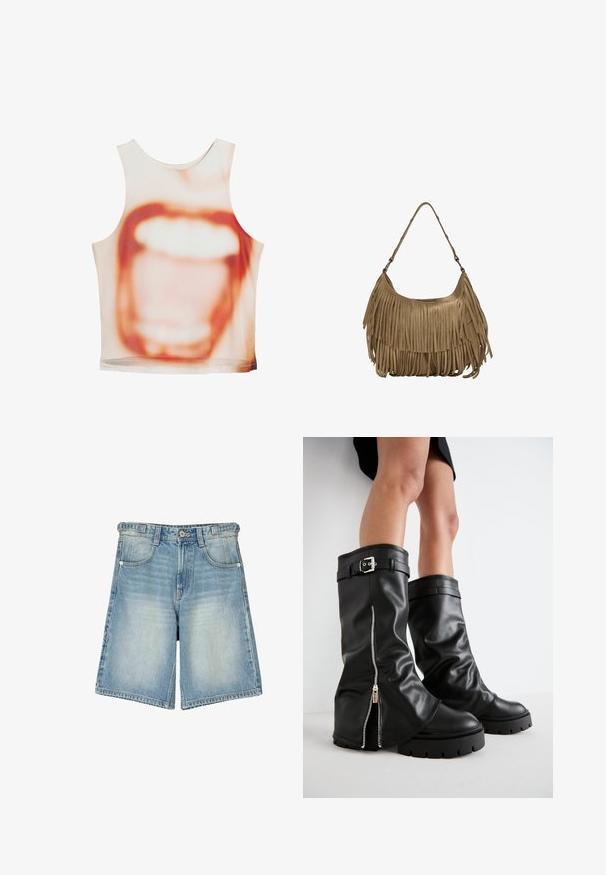 Mouwloze top met een grote mondafbeelding in tinten beige en oranje, gemaakt van een zachte stof met een comfortabele pasvorm.; Lichte blauwe denim shorts, voorzien van een klassieke vijf-pocketontwerp en een rits met knoopsluiting. Verweerd uiterlijk en schone randen.; Zwarte leren kniehoge laarzen met een brede schacht, voorzien van een zijrits en een gespaccent, met een gestructureerde afwerking en een chunky rubberen zool.; Bruine suède handtas met lange franjes, een gebogen vorm en een enkele schouderband. Heeft een gladde, gestructureerde oppervlakte.