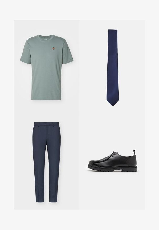 Müntroheline lühikese varrukaga T-särk, mis on valmistatud pehmest kangast. Ees on väike tikkimine, kus on kujutatud inimest oranži surfilaudaga.; Kolm pika varrukaga särk: helesinine, valge ja tumesinine. Kõigil on klassikaline krae ja nööbid, valmistatud siledast kangast.; Tumed sinine kohandatud püksid sileda tekstuuriga, kitsas lõige, keskridv ja vöörihmadega. Kanga pinnal on peen kudumismuster.; Must küljest musta nahast sidumisjalatsiga, millel on tugeva tallaga ja kandmiselauaga, valge tausta ees.; Tumesinine lips, millel on tekstureeritud diogonaalne ribakujundus. Sellel on terav ots ja sujuv, kitsas kuju. Valmistatud siledast kangast.