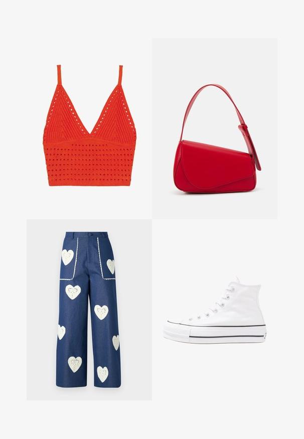 Piros kötött melltartó, V nyakú, vékony pántokkal, textúrált mintával, lyukakkal és testhez simuló szegéllyel az alján.; Sister Jane HEART TO HEART - Egyenes szárú farmer - blue denim; Fehér magaskorsó vászon sportcipő fekete gumi talppal, elülső gumi orrnyereggel és hat fűzőlyukkal, letisztult, minimalista dizájnnal.; Piros bőr kézitáska szögletes, geometrikus kialakítással. Egy állítható pánttal és varrott részletekkel ellátott fedélzárral rendelkezik.