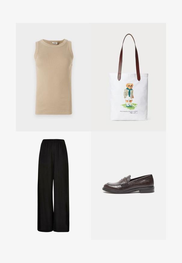 Top sin mangas beige fabricado con tejido acanalado, con cuello redondo, con costuras tonales y un diseño ajustado.; Pantalones de pierna ancha negros, confeccionados en una tela suave. Cuentan con una cintura elástica y un corte holgado y fluido para mayor comodidad y libertad de movimiento.; Mocasines de cuero marrón oscuro con textura de cocodrilo, tacón bajo y detalles de costura en la parte delantera para un diseño adicional.; Bolsa de lona que presenta un oso de dibujos animados con una bufanda verde y un blazer, con correas de hombro de cuero marrón. Fondo blanco, diseño impreso.