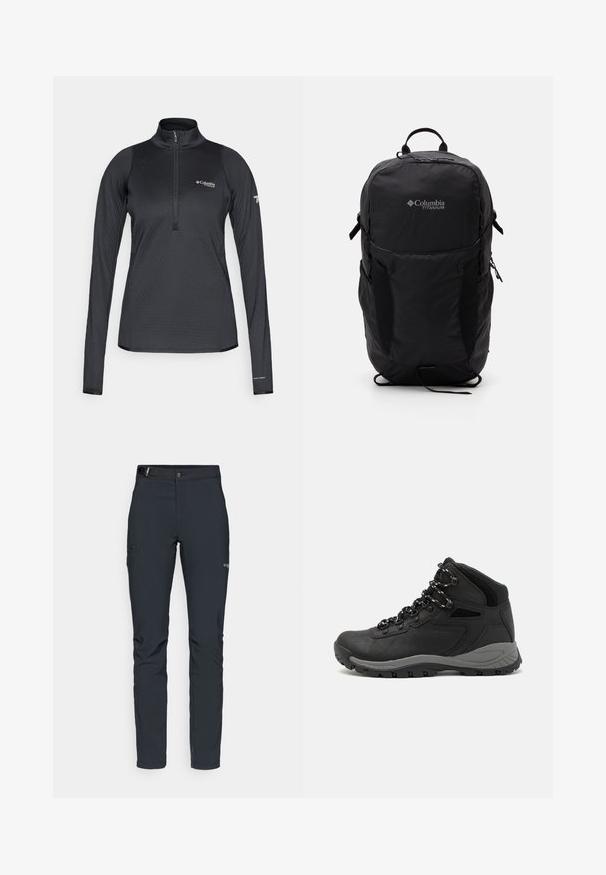 Mustakolla Columbia Titanium pitkähihainen urheilu-pullover, jossa on neljännesvetoketju ja Omni-Heat -brändäys vasemmassa hihassa.; Miestne vonkajšie nohavice, tmavo šedé, vyrobené z flexibilného materiálu, s opaskom, zipsovými vreckami a zosilneným šitím.; Musta vaelluskenkä, jossa on puolivartinen muotoilu, jolle on ominaista teksturoitu päällinen, harmaat yksityiskohdat ja kestävä kumipohja, jossa on pitoita lisääviä lukuja.; Musta Columbia Titanium -reppu, jossa on sileä kangas, sivutaskut, yläkahva ja säädettävät hihnat. Minimalistinen muotoilu, jossa on huomaamaton brändäys.
