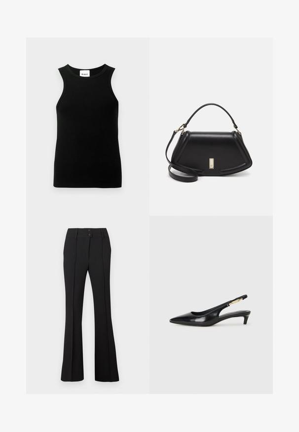 Musthave mustriga mustriga, jooksurada, mugavus toimib. Sildil on "DAY" logo.; Mustad flared püksid, millel on kaks eesmist nööbi, sujuva ja tekstuuriga kanga ning vertikaalsed õmblused, mis annavad rõivale kohandatud ilme.; Mustad nahast slingback kontsad terava ninaga, millel on õhuke konts ja kuldse tooni aktsent reguleeritaval rihmal. Sile tekstuur.; Must mustrist käekott, millel on struktureeritud disain, lühendatud kuju, ülemine käepide ja kuldne metallist detail. Reguleeritav õlalihm on kaasas.
