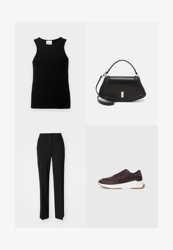 Zwarte mouwloze top met een geribbelde textuur, ronde halslijn en een aansluitende pasvorm. Het label toont het "DAY" logo.; Zwarte op maat gemaakte broek met een recht model, voorzien van een soepele textuur en scherpe plooien aan de voorkant. Geen zichtbare hardware.; Donkerbruine sneaker met zwarte voering, verdiept logo op de zijkant, witte dikke zool en gumkleurige buitenzool op een effen achtergrond.; Zwarte leren handtas met een gestructureerd ontwerp, featuring een verkorte vorm, bovenhandvat en gouden hardwareaccent. Inclusief verstelbare schouderband.