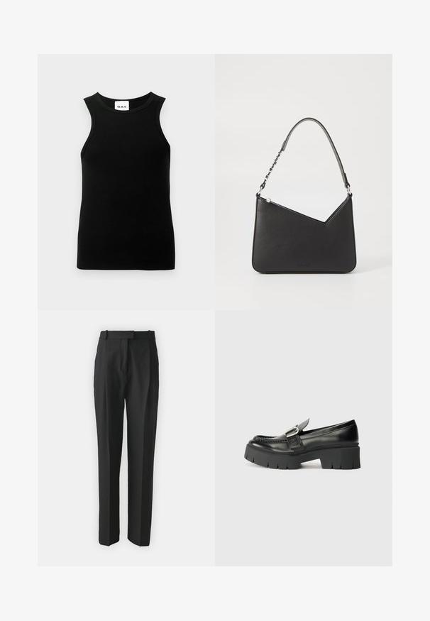 Černý bezrukávový top s žebrovanou texturou, kulatým výstřihem a přiléhavým střihem. Na štítku je logo "DAY".; Černé kalhoty na míru vyrobené z lehkého materiálu, s rovnými nohavicemi, plochým předním dílem a poutek na opasek. Hladký povrch bez viditelných vzorů.; Černé kožené mokasíny s bytelnou gumovou podrážkou. Mají ozdobu v podobě přezky a prošívání po obvodu svršku. Rovný podpatek.; Černá kožená kabelka trojúhelníkového tvaru, se štíhlým popruhem a stříbrnými kovovými prvky. Obsahuje zipové uzavření a embosované logo na přední straně.