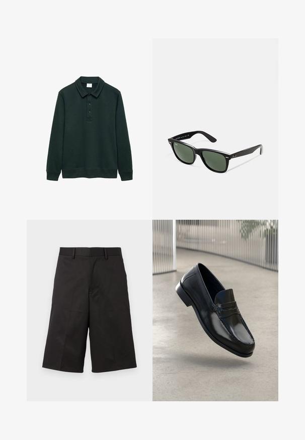 Polo verde închis cu mânecă lungă, fabricat dintr-un material moale, cu guler pliat, plachetă cu trei butoane și manșete ribbate.; Shorts negri cu un design personalizat, fabricate dintr-un material neted, având un față plată, bucle pentru curea și picioare drepte tăiate.; Mocasini negri din piele cu finisaj neted, vârf rotund, cusături decorative și talpă ușor înălțată.; Ochelari de soare din plastic negru cu lentile verzi, rame pătrate, accent argintiu pe sprânceană și brațe texturate. Marca este menționată pe brațul interior.