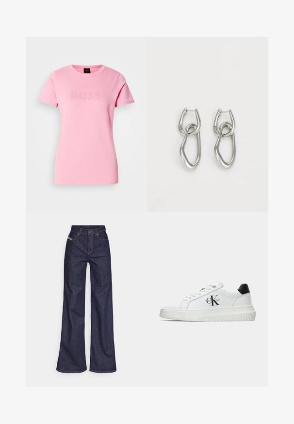 Pink cotton t-shirt with short sleeves and a crew neckline. Features a subtle "BOSS" logo in the same color across the chest.; Dark blue wide-leg jeans in denim fabric with a high waist, featuring orange stitching, five-pocket design, and a button closure.; White low-top sneaker with black heel tab, platform sole, laces, and Calvin Klein "CK" logo on the side.; Calvin Klein STATEMENT LINKS - Earrings - silver-coloured