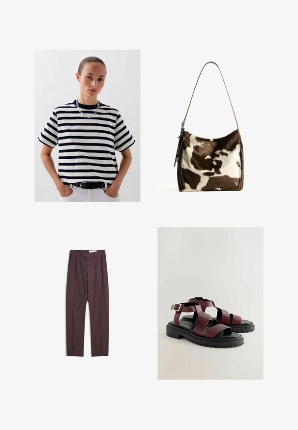 Scalpers HEAVY SOLID - T-shirt imprimé - navy stripes; Pantalons rayés violets avec plis, présentant une taille haute et un design à jambes droites. Fabriqués à partir d'un tissu lisse et texturé.; Sandales bordeaux avec de larges brides en cuir, design ouvert à l'avant, boucle ajustable à la cheville et semelle en caoutchouc noir robuste avec un profil texturé.; Sac à épaule en cuir de vachette brun et crème avec une sangle en cuir lisse, fermeture zippée et une surface douce et texturée présentant un motif naturel.