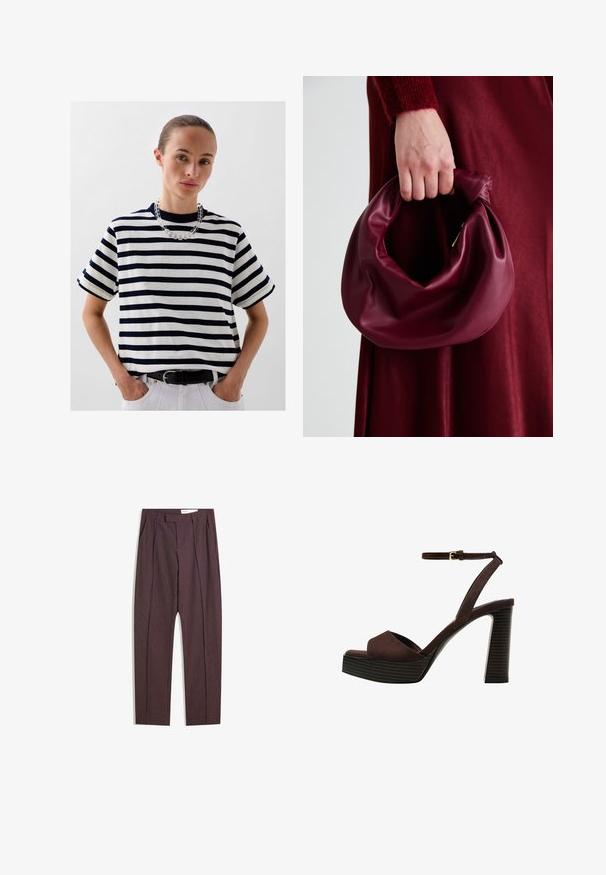 Scalpers HEAVY SOLID - Triko s potiskem - navy stripes; Fialové proužkované kalhoty s sklady, s vysokým pasem a rovnými nohavicemi. Vyrobeno z hladké, texturované tkaniny.; Hnědé semišové sandály na vysokém podpatku s otevřenou špičkou, nastavitelným páskem kolem kotníku a proužkovou platformou.; Burgundská kožená kabelka s měkkým, nabíraným designem a zaobleným tvarem. Ucho je zajištěné a vykazuje hladkou texturu.