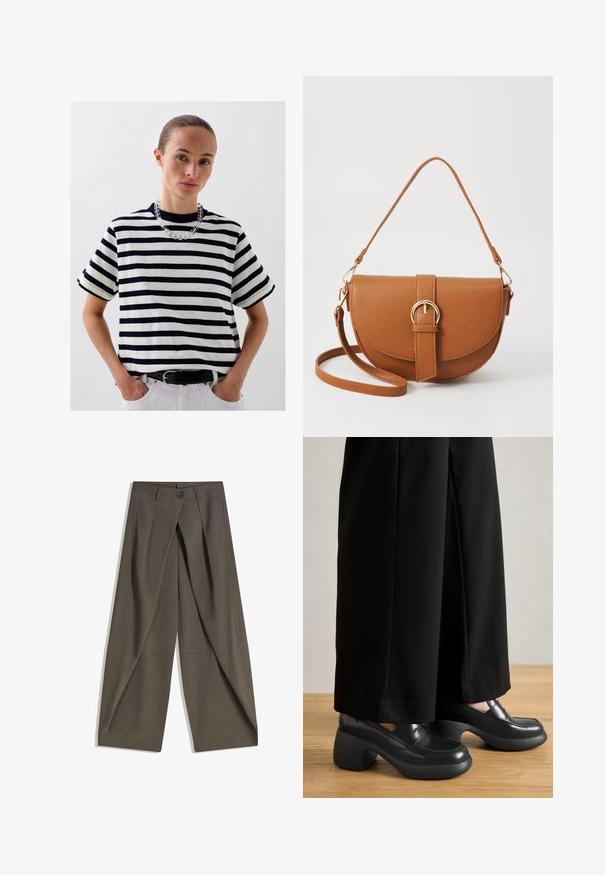 Scalpers HEAVY SOLID - Print T-shirt - navy stripes; Wide-leg trousers made of a textured, dark gray fabric. Features a front pleat, button closure, and side pockets for practicality.; Black platform shoes with a glossy finish and rounded toe; thick, textured black heel with a slight curve; worn with loose black trousers.; Brown leather crossbody bag with a curved shape, gold hardware, and a buckle accent. Features a detachable shoulder strap.