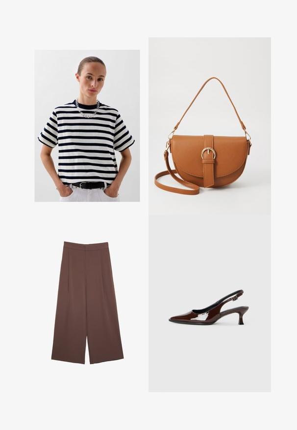 Scalpers HEAVY SOLID - T-shirt con stampa - navy stripes; Pantaloni ampi marroni con una texture liscia, caratterizzati da una vita alta e pieghe frontali. Il tessuto è leggero e scorre liberamente.; Scarpa slingback in pelle verniciata marrone con punta affusolata e tacco moderato. Presenta una fascia con fibbia per una calzata sicura. Tessuto liscio.; Borsa a tracolla in pelle marrone con forma curvata, hardware dorato e un dettaglio con fibbia. Presenta una tracolla rimovibile.
