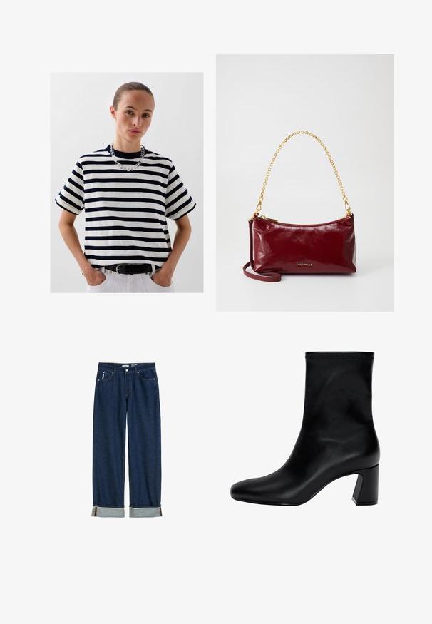 Scalpers - T-shirt z nadrukiem; Granatowe dżinsy z prostymi nogawkami, złożonymi mankietami, widocznie szytymi i klasycznym pięciopocketowym stylem.; Czarny botek na kostkę wykonany z gładkiej skóry. Posiada kwadratowy czubek, elastyczny górny brzeg oraz masywny obcas zapewniający stabilność. Minimalistyczny design.; Bordowa skórzana torebka o gładkiej fakturze, złoty łańcuszek na ramię oraz zamek błyskawiczny. Wytłoczone logo z przodu. Kompaktowy design.