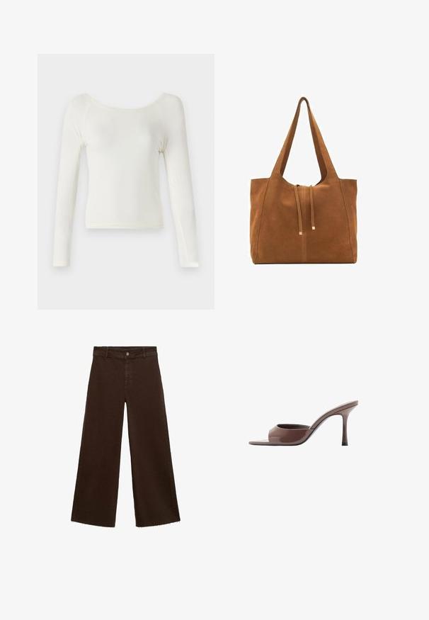Lange mouw, off-white top gemaakt van zachte stof met een ronde halslijn en een aansluitend ontwerp; heeft minimale naden en een gladde textuur.; Bruine wijde broek in katoenmix, met een rafelige zoom, sluiting met een knoop aan de voorkant en een klassieke vijf-pocketstijl. Minimalistisch en veelzijdig.; Mango PEPYCH - Sandalen - brown; Bruine suède schoudertas met twee lange hengsels, trekkoordsluiting en minimalistisch ontwerp. Gladde textuur en geen zichtbare hardware-accenten.
