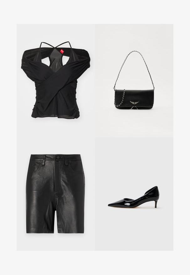 032c DRAPED SWAN EVENING - T-shirt print - black; Zwarte leren shorts met een gladde textuur, voorzien van een ritssluiting aan de voorkant, een knoopsluiting en een klassieke vijf-pocket ontwerp.; Zwarte lakleren damespuntige kitten heel schoenen met lage hak, weergegeven in profiel op een effen lichtgrijze achtergrond.; Zwarte leren handtas met een zilveren kettingband, voorzien van decoratieve vleugelaccenten en witte stiksels langs de onderste naad.