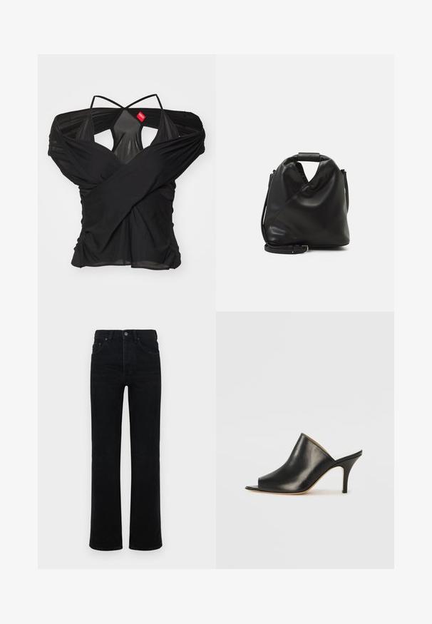 032c DRAPED SWAN EVENING - T-Shirt print - black; Schwarze Jeans aus Denim mit hoher Taille, geradem Bein, fünf Taschen und einem Knopfverschluss vorne. Glatte Textur, minimale Details.; Schwarze Leder- offene Zehen-Mules mit einem eleganten, geschwungenen Design, hohem Stiletto-Absatz und glatter Textur. Das Innere weist eine kontrastierende hellere Farbe auf.; Schwarze, weiche Ledertasche mit einem einzigartigen verdrehten Design. Hat einen kurzen Griff und einen abnehmbaren Schultergurt. Minimalistischer Stil.