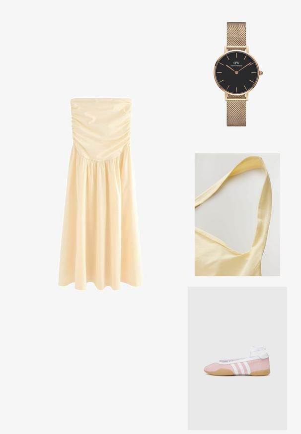 Rumena bombažna majica z širokimi naramnicami, ki se ponaša z mehkobo materiala in sproščenim krojem. Ovratnik ima nežen izrez v obliki sklede.; Brezrameni midi obleka v svetlo bež barvi, ki vključuje nabiranje na dekolteju in zbrano krilo za prožnost. Gladek, lahek material.; adidas Originals TAEKWONDO MEI BALLET - Športni copati - clear pink/ftwr white/gum; Kremasta usnjena torbica s strukturo, kontrastnimi črnimi robovi, z zlatim okovjem in snemljivim trakom, ki ima podpisani logotip.; Zlata mrežasta ura blagovne znamke Daniel Wellington z okroglo črno številčnico, zlatimi kazalci in logotipom ob 12. uri. Preprosta, elegantna zasnova.