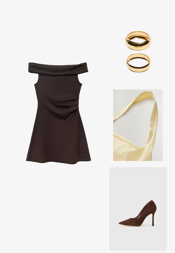 Top din bumbac galben, cu bretele late, având o textură moale și o croială lejeră. Decolteul are o formă ușor adâncită.; Rochie maro cu umerii la vedere, cu o bustieră ajustată, dintr-un material moale și cu detalii plisate la talie, care se lărgește într-o fustă de stil skater.; Pantofii cu toc înalt, maro din suede, cu vârf ascuțit și toc stiletto subțire, expuși pe un fundal alb.; Geantă de tote din material țesut, de culoare maro, cu un model deschis, în formă rectangulară și două mânere împletite. Prezintă o bază solidă pentru suport.; Două inele de aur sunt expuse, unul gros și rotund, iar celălalt subțire și plat. Ambele au o suprafață netedă și strălucitoare, cu o finisare lustruită.