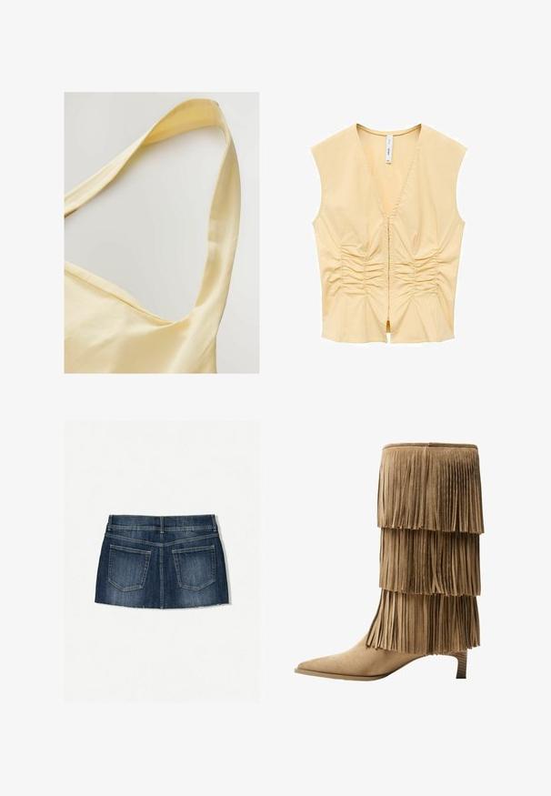 Haut en coton jaune avec de larges bretelles, doté d'une texture douce et d'une coupe décontractée. L'encolure présente une forme légèrement arrondie.; Top sans manches jaune avec un décolleté en V, présentant des détails froncés à l'avant pour apporter de la texture. Tissu lisse avec une silhouette ajustée.; Jupe mini en denim avec un délavage bleu foncé, design à cinq poches, ourlet effiloché et coupe ajustée avec une taille plate.; Bottine à franges en daim tan avec trois couches de franges. Bout pointu et petit talon carré. Texture lisse sur l'ensemble.