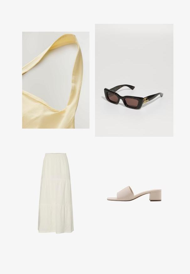 Gelbes Baumwolloberteil mit breiten Trägern, das eine weiche Textur und eine lockere Passform bietet. Der Ausschnitt hat eine sanfte Scoop-Form.; Weiße, gestufte Maxiröhre aus leichtem, strukturiertem Stoff mit einem elastischen Bund. Sie verfügt über drei verschiedene Stoffabschnitte.; Beige Blockabsatzsandale mit breitem Riemen und offenem Zeh. Glattes Material und elegantes Design. Kurzer, stabiler Absatz für mehr Stabilität.; Schwarz schildpattfarbene Sonnenbrille mit rechteckigen Gläsern, braunem Farbton, dickem Rahmen und goldenen Doppel-G-Logo-Details an den Schläfen.; Perlenhandtasche in lebhaften Farben: Pink, Orange, Blau und Braun. Strukturierte Oberfläche mit kreisförmigen Perlen und organischen Formen, stabile Griffe.; Goldfarbene Creolen Ohrringe mit einem äußeren Rand aus tortoiseshell-musterendem Harz, die eine glatte Oberfläche und eine schlanke, runde Form aufweisen.