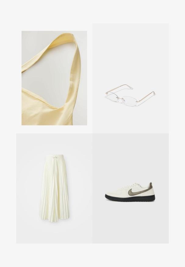 Žlutý bavlněný top s širokými ramínky, který se vyznačuje jemnou texturou a volným střihem. Výstřih má mírně vykrojený tvar.; Plisovaná midi sukně ze světlého žlutého materiálu, vybavená elastickým pasem se zavazováním, hladkou texturou a svislými pruhy pro přidaný detail.; Nike Sportswear FIELD GENERAL - Tenisky - off-white/black; Zlaté kovové brýle s oválnými čočkami, štíhlými stranami a průhlednými nosními podložkami. Obsahují jemné akcenty na pantech a průhledné čočky.
