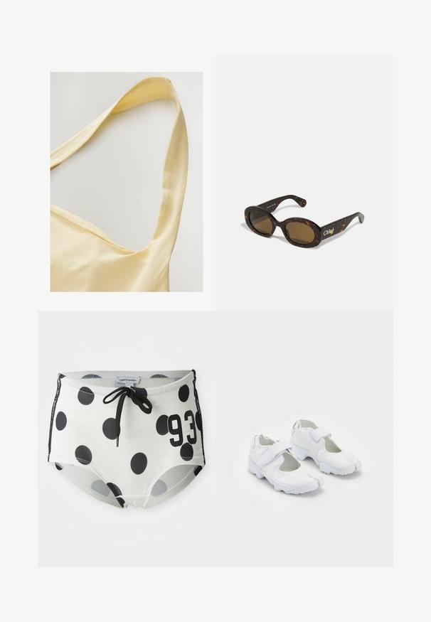 Top in cotone giallo con spalline larghe, caratterizzato da una texture morbida e una vestibilità rilassata. La scollatura ha una forma a scollo dolce.; Pantaloni da bagno a pois bianchi e neri con vita regolabile, caratterizzati dal numero "93" sul davanti e un tessuto liscio ed elastico.; Scarpe sportive bianche con una tomaia testurizzata, cinturino in Velcro regolabile, punta arrotondata e una suola spessa con un motivo di battistrada ben definito.; Occhiali da sole in tartaruga con montatura ovale, lenti di colore marrone e marchio "Chloé" sulla stanghetta. Materiale plastico liscio con finitura lucida.