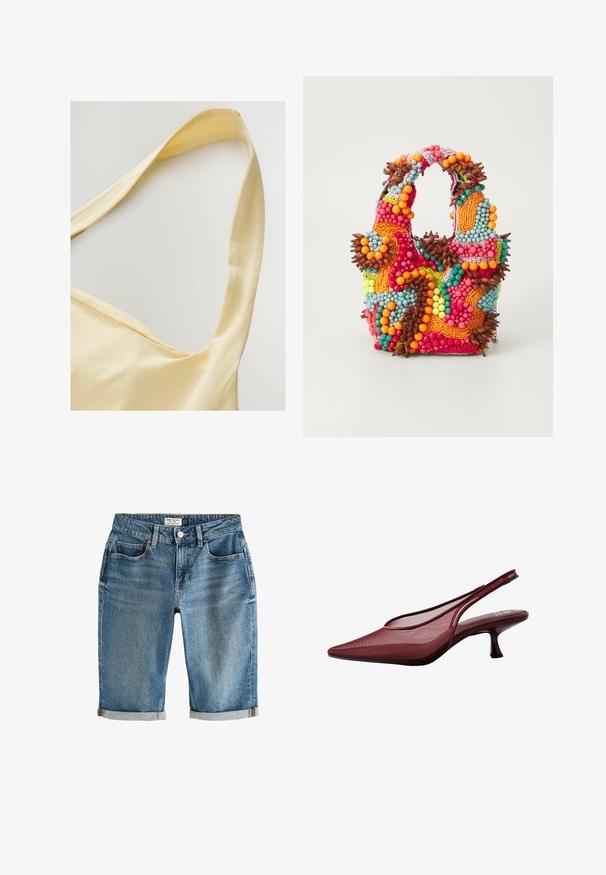 Dzeltena kokvilnas blūze ar platām siksnām, kurai ir mīksta tekstūra un brīva piegriezuma. Apkaklei ir maiga izgriezuma forma.; Zili denima ceļu garuma šorti ar krokotu apakšmalu, piecām kabatām un metāla pogas aizdari. Audumam ir nedaudz izbalējusi izskats.; Burgundijas slingback zābaki ar norādītu purngali un sietu augšdaļā. Iekļauj šauru papēdi un izgriezumu dizainu, nodrošinot elegantu siluetu.; Pērlīšu somiņa ar spilgtām krāsām: rozā, oranža, zila un brūna. Teksturēta virsma ar apaļām pērlītēm un organiskām formām, izturīgas rokturi.