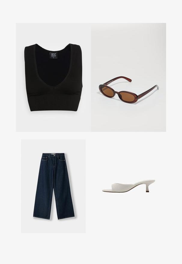 Mustat ribbikuvioiset lyhyet topit, joissa on leveät hihnat ja syvä V-pääntie. Tunnuksessa lukee "BDG", koko pieni, ja siinä on sujuva pinta sekä tiukka malli.; Tummansinisiä, leveälahkeisia farkkuja. Ominaisuuksiin kuuluu viisi taskua, nappi- ja vetoketjukiinnitys sekä kontrastoväriset ompelut.; Valkoiset avonaiset mulesit, joissa on kaareva muotoilu, matala korko, sileä pinta ja hienovarainen ommeltu kuvio. Ruskea yksityiskohta kantapään juurella.; Pyöreät, ruskehtavat aurinkolasit, joissa on kiiltävä burgundinpunainen runko. Kapeat sivut, joissa on hienovarainen brändäys. Litteät linssit.