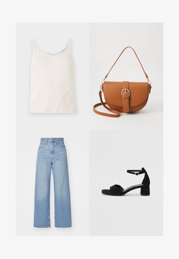 Gaišas, vieglas adīts topiņš ar chevron rakstu, ar šaurām plecu siksnām un atvērtas auduma struktūru.; Gaiši zili augstās jostas vidukļa platās bikses ar priekšējo pogu un rāvējslēdzēju, priekšējām un aizmugurējām kabatām uz baltā fona.; Melni zamša augstpapēžu sandeļi ar šauru potītes siksniņu, atvērtu purngalu un pieticīgu bloku papēdi. Gluda tekstūra un minimāli akcenti.; Brūns ādas plecu soma ar izliekta formu, zelta piederumiem un sprādzes akcentu. Iesaiņota ar noņemamu plecu siksnu.