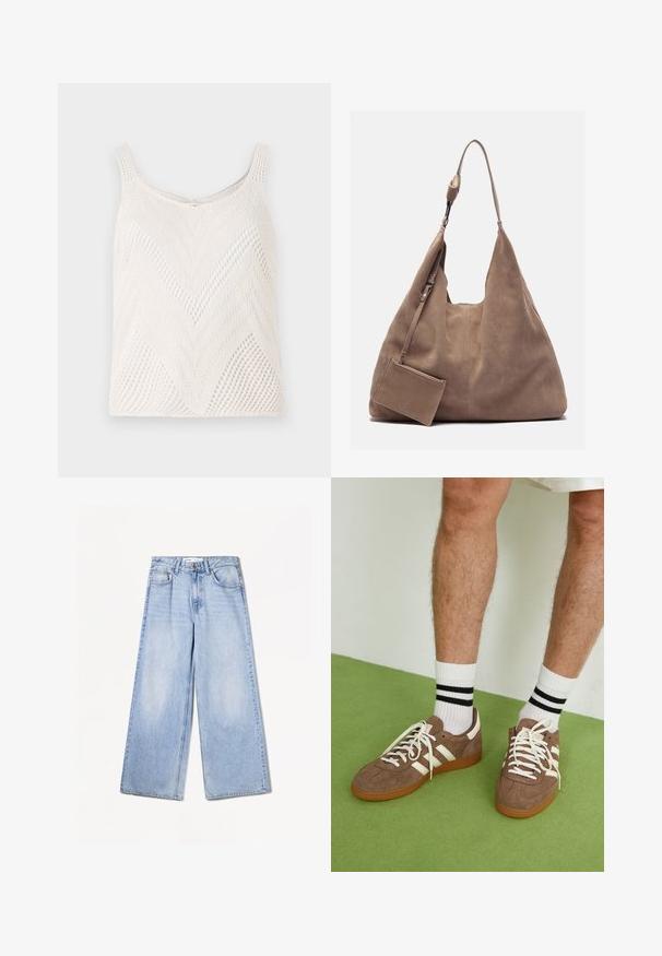 Leichtes weißes gestricktes Tanktop mit Zickzackmuster, ausgestattet mit schmalen Schulterträgern und offener Webstruktur.; Bershka WIDE-LEG - Wide Leg - light-blue denim; Braune Wildleder-Sneaker mit weißen Akzenten und Schnürsenkeln. Gummisohle in Kautschuk-Optik. Getragen mit weißen Socken, die schwarze Streifen haben. Grüner strukturierter Fußboden.; Zign LEATHER - Shopping Bag - light brown