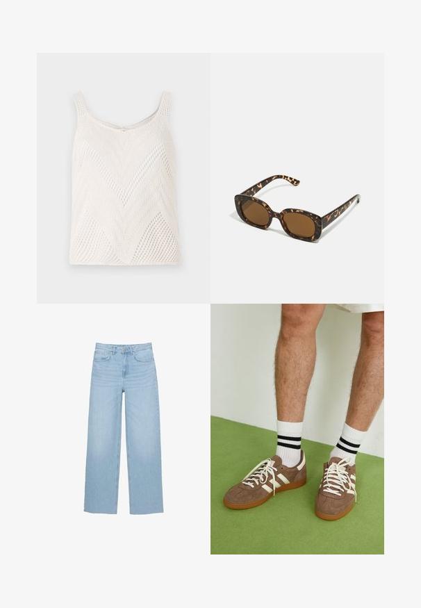 Lättviktig vit stickad linne med ett zick-zack-mönster, featuring smala axelremmar och ett öppet vävstruktur.; Ljust blå vida jeans i denim, med hög midja, rak passform och femficksdesign med ren fåll.; Bruna mockaskor med vita detaljer och snören. Gummisula i beige. Bärs med vita strumpor med svarta ränder. Grön strukturerad golvyta.; Sköldpaddsmönstrade solglasögon med en rund, kraftig ram och bruna linser. Har subtila mönster och raka, avsmalnande skalmar.; Zign LEATHER - Shoppingväska - light brown