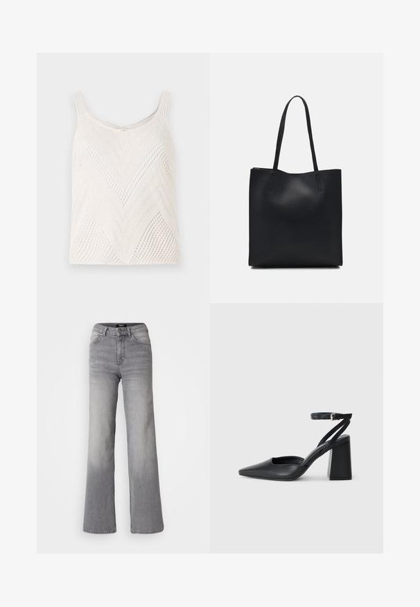 Lahka bela pletena majica brez rokavov s chevron vzorcem, ki ima ožja ramenska trakova in odprto tkanino.; Visoko pasu naravnost krojene sivo denim hlače z gumbom in zadrgo spredaj, sprednjimi in zadnjimi žepe ter zbledelim odtenkom na stegen in tele. ; Črne usnjene klasične čevlje z ostrim nosom, z zaponko za gleženj in debelim peto. Ravna tekstura, eleganten dizajn in minimalistična estetika.; Črna usnjena torba s svilnato teksturo, pravokotne oblike in dvema dolgima ročajema. Brez vidnih metalnih delov ali okrasnih elementov.