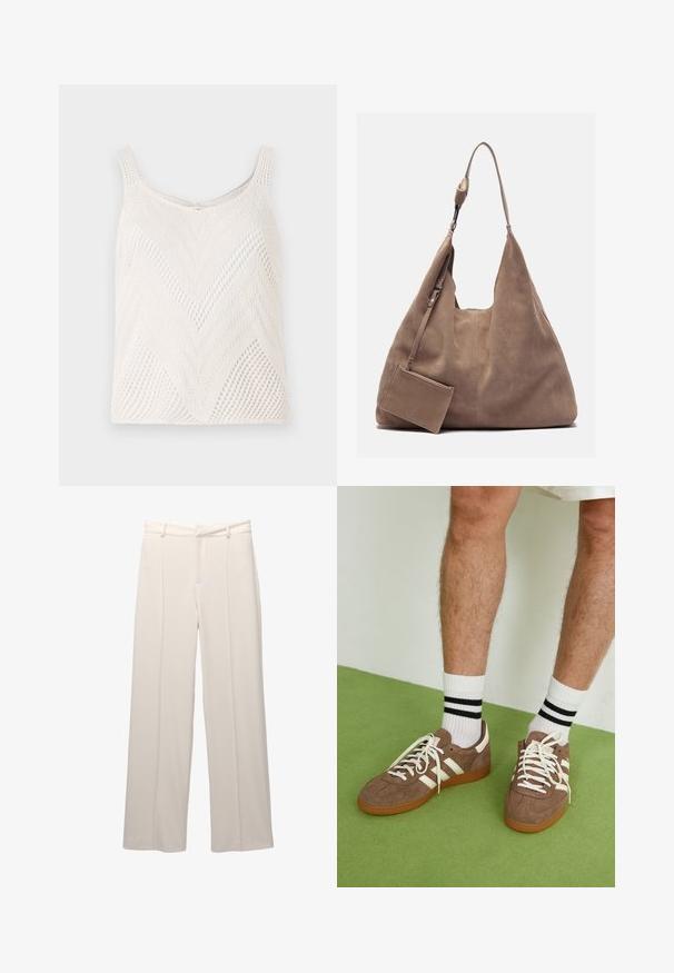 Lichtgewicht witte gebreide tanktop met een chevronpatroon, voorzien van smalle schouderbandjes en een open geweven textuur.; Wijde broek in lichtbeige stof met een gladde textuur. Heeft een nauwsluitende tailleband, voorplooien en geen zichtbare zakken.; Bruine suède sneakers met witte accenten en veters. Rubberen gumzool. Draag met witte sokken met zwarte strepen. Groene gestructureerde vloer.; Zign LEATHER - Shopper - light brown