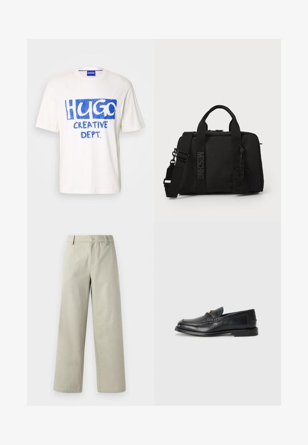 T-shirt branco de algodão com texto gráfico azul "HUGO" e "CREATIVE DEPT." na frente, mangas curtas e decote redondo.; Han Kjøbenhavn WIDE LEG - Calças - light grey; Os mocassins de couro negro apresentam uma biqueira arredondada, detalhes costurados e um pequeno destaque dourado na frente. A sola é plana e discreta.; Saco têxtil preto com alças duplas e alça de ombro destacável. Apresenta logotipo em relevo e etiqueta de couro. Textura suave, formato retangular.