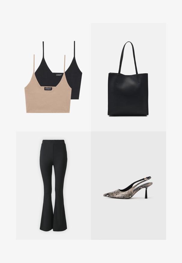 Twee katoenen bralettes: de ene in lichtbeige en de andere in zwart, met dunne bandjes en een V-halsontwerp. Labels zichtbaar aan de binnenkant.; Zwarte flared broeken van rekbare stof. Heeft een hoge tailleband en een gladde, aansluitende pasvorm die vanaf de knie uitloopt.; Puntige slingback schoenen van textuur leer met slangenprint, met een slanke zwarte hak en een uitgesneden ontwerp aan de zijkanten.; Zwarte leren handtas met een gladde textuur, rechthoekige vorm en twee lange handvaten. Geen zichtbare hardware of versieringen.