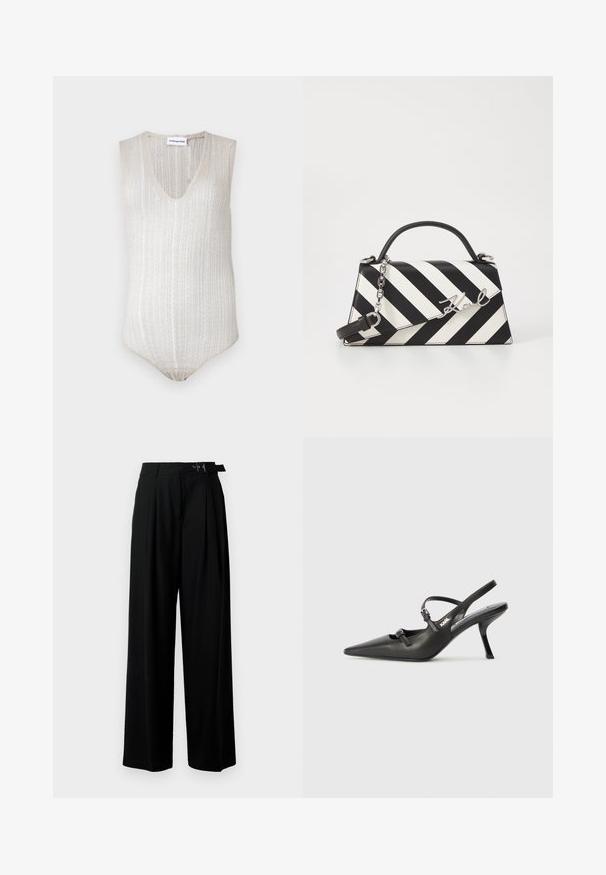 Svetlo béžový body bez rukávov s V-výstrihom, textúrovaným ryhovaným dizajnom a priliehavým strihom. Pletený materiál s jemným povrchom.; Čierne široké nohavice s vysokým pásom, skladmi vpredu a opaskom s prackou. Vyrobené z hladkej, ľahkej textílie.; Čierne kožené slingback topánky na vysokom podpätku s ostrou špicou, štíhlym podpätkom a dekoratívnym detailom s prackou na priehlavku. Hladká textúra a elegantný dizajn.; Čierno-bielo pruhovaná kabelka so štruktúrovaným tvarom, obsahujúca hornú rúčku, odnímateľný reťazový popruh a kovový logo akcent.