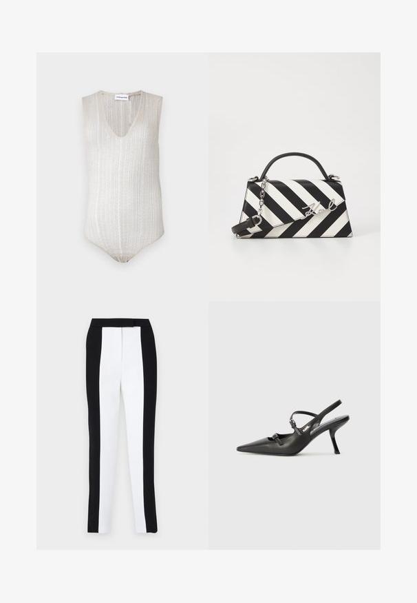 Vaaleanbeige ilmanhihoinen body, jossa on V-pääntie, teksturoitu ribbi-muotoilu ja vartalonmyötäinen leikkaus. Neulottu materiaali, jossa on pehmeä pinta.; Musta-valkoiset kapenevat housut, joissa on slim fit-malli ja erottuvat paneelit. Kangas on sileä, ja vyötärö on litteä ja hyvin istuva.; Mustat nahkaiset slingback-korkokengät, joissa on terävä kärki, hoikka korko ja koristeellinen solkityyny varpailla. Tasainen pinta ja tyylikäs muotoilu.; Mustikkamustavalkoinen raita käsilaukku, jossa on jämäkkä muoto, ylhäällä oleva kahva, irrotettava ketjuhihna ja metallinen logoelementti.