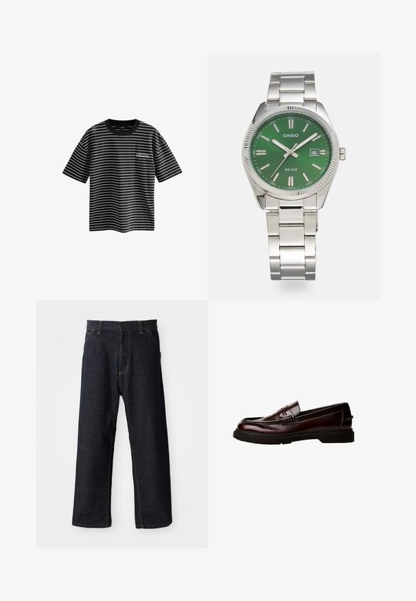 Črno-bela prostripana majica s kratkimi rokavi in okroglo ovratnikom. Na sprednji strani je napisana besedna zasnova "Kopenhagen". Narejena je iz gladkega blaga.; Temno modri kavbojasti hlače s ravnim krojem, z rumenim šivanjem, sprednjimi žepi in gumbnim zapiranjem na pasu.; Rjave usnjene loafer čevlje z zaobljenim nosom, podrobnim šivanjem in gumijastim podplatom. Imajo okrasni trak in gladko teksturo.; Srebrna ura iz nerjavečega jekla z okroglo zeleno številčnico, srebrnimi oznakami ur, prikazom datuma in kovinskim povezovalnim pasom. Vodoodporna do 50 metrov.