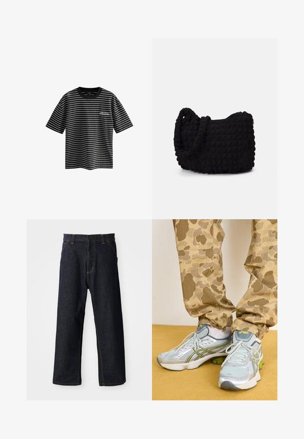 Gestreiftes T-Shirt in Schwarzweiß mit kurzen Ärmeln und Rundhalsausschnitt. Mit dem Textdesign "Kopenhagen" auf der Vorderseite. Hergestellt aus glattem Stoff.; Dunkelblaue Jeanshose mit geradem Bein, ausgestattet mit gelben Nähten, Vordertaschen und einem Knopfverschluss an der Taille.; Helle graue Sportschuhe mit silbernen Akzenten, grünen Dämpfungshighlights und einem strukturierten Mesh-Obermaterial, kombiniert mit beigen Hosen im Tarnmuster.; Schwarze Stofftasche mit einer strukturierten, gesteppten Oberfläche. Abgerundete Form, kurze, dicke Griffe und eine weiche, flexible Struktur.