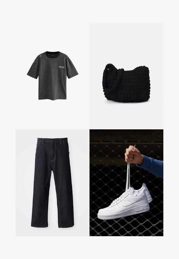 Mustvalge triibuline T-särk lühikeste varrukatega ja ümmarguse kaelusega. Esist on kaunistatud "Kopenhaagen" teksti kujundusega. Valmistatud siledast kangast.; Tumed sinised denimi püksid sirge jala disainiga, millel on kollased õmblused, eestaskud ja nööbiga kinnitamine vöökohtadel.; Valged nahast tennisetossud, millel on perforatsioonid, ümar nina, lame tallus ja paksud nöörid, nähtava swooshi logoga ja "AIR" kontsadel.; Must mustkott, millel on tekstuuriga tikitud muster. Ümar kuju, lühikesed ja jämedad sangad ning pehme, paindlik struktuur.