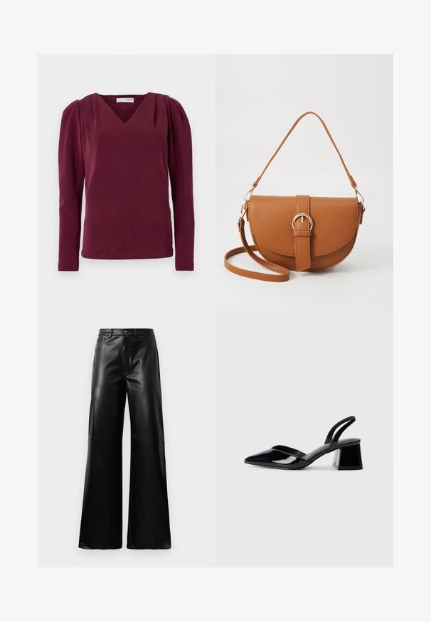 Burgundia pikkade varrukatega pluus V-kaelusega ja kokku volditud õlgadega. Pehme kangas, vormitu silhouette külgmiste lõhikute ja puhta serva lõpetamisega.; Mustad talje laiad jalad kunstnahast püksid esipaneeli nööbi ja lukuga, vöödega ja küljetaskutega valge tausta peal.; Mustad musta lakknahk kingad, millel on terav varvas ja geomeetriline plokkkonts. Omab elegantselt minimalistlikku disaini ja sujuvat tekstuuri.; Pruun nahast õlakott, millel on kumer kuju, kullavärvi riistvara ja pandlaga kaunistus. Omab eemaldatavat õlarihma.