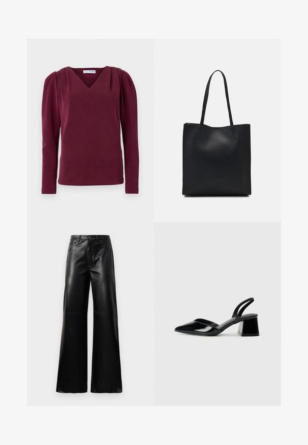 Burgundi hosszúujjú felső V-nyakkal és ráncolt vállakkal. Puha anyag, testhezálló sziluett oldalsó hasítékokkal és letisztult szegéllyel.; Fekete, magas derekú, széles lábú, műbőr nadrág elülső gombbal, cipzárral, övbújtatókkal és oldalsó zsebekkel, fehér háttérrel.; Fekete lakk bőr szandálkés magas sarkú cipő, hegyes orral és geometrikus tömbsarkakkal. Karcsú, minimalista dizájn és sima textúra jellemzi.; Fekete bőrtáska sima felszínnel, téglalap alakú, két hosszú füllel. Nincs látható fémkiegészítő vagy díszítés.
