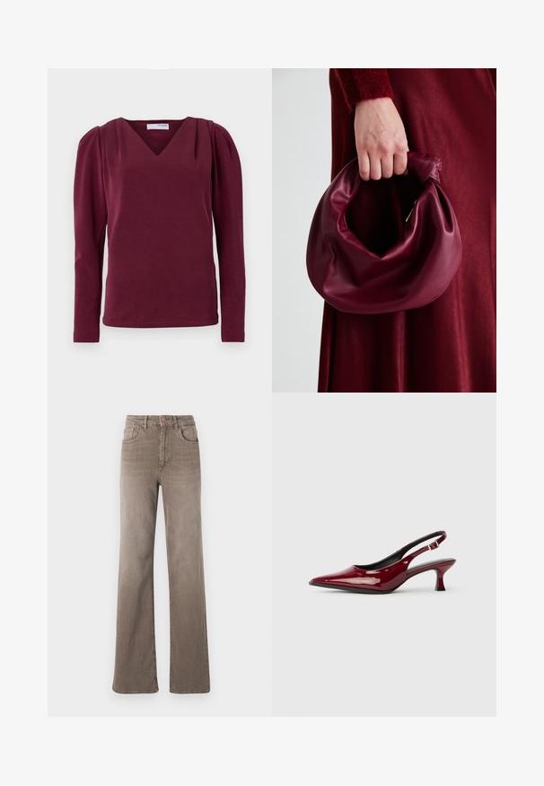 Burgundia pikkade varrukatega pluus V-kaelusega ja kokku volditud õlgadega. Pehme kangas, vormitu silhouette külgmiste lõhikute ja puhta serva lõpetamisega.; Pruunid kõrge vöökohtadega sirged teksad, millel on ees nupp, vöölõngad ja klassikaline viie tasku disain valgel taustal.; Burgundia läikivast nahast slingback-kontsaga kingad, millel on terav varvas ja stiilne stiletto-tald. Avatud tagaosa disain koos reguleeritava pahkluu rihmaga.; Burgundia värvi nahk käekott, millel on pehme, kokku tõmmatav disain ja ümar kuju. Käepide on kindlalt kinnitatud, näidates siledaid pindu.