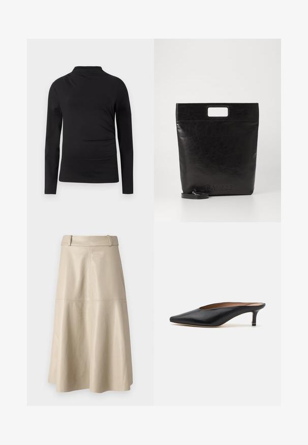 Zwarte lange mouwen coltrui met een slim fit en een gladde stof op een witte achtergrond.; Beige leren midi-rok met een gladde textuur, brede tailleband en uitlopende zoom; heeft gestikte naden voor extra detail.; Zwarte leren muiltjes met een puntige neus en een lage, blokhak. Glad oppervlak met een gestroomlijnd ontwerp. Open achterkant met minimale details.; Zwarte leren draagtas met een vierkant handvat, met een gestructureerde afwerking en een reliëflogo. Inclusief een afneembare schouderband.