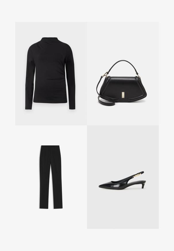 Czarny długi rękaw turtleneck w wąskim kroju z gładkiego materiału na jednolitym białym tle.; Czarne spodnie o dopasowanym kroju z prostymi nogawkami, z przednimi kieszeniami i gładką, teksturowaną tkaniną. Schludne, minimalistyczne wykończenie.; Czarne skórzane szpilki typu slingback z ostrym noskiem, posiadające smukły obcas i złoty akcent na regulowanym pasku. Gładka tekstura.; Czarna skórzana torebka o strukturalnym designie, z przyciętą formą, górnym uchwytem i złotymi akcentami. W zestawie regulowany pasek na ramię.