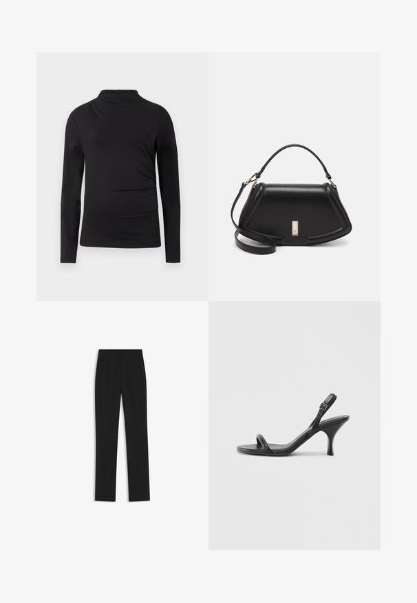 Black long-sleeve turtleneck top with a slim fit and smooth fabric against a plain white background.; Black tailored trousers with a straight-leg design, featuring front pockets and a smooth, textured fabric. Neat, minimal detailing.; Black leather high-heeled sandals with a slim, curved heel and a crossed strap design. Adjustable ankle strap. Smooth texture.; Black leather handbag with a structured design, featuring a cropped shape, top handle, and gold hardware accent. Adjustable shoulder strap included.