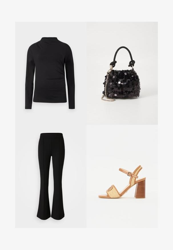 Czarny długi rękaw turtleneck w wąskim kroju z gładkiego materiału na jednolitym białym tle.; Czarne spodnie dzwony z elastycznego materiału o gładkiej strukturze, z detalami szwów z przodu dla dodatkowego stylu.; Brązowe skórzane sandały na obcasie z plecionego słomy, z paskiem na kostce, otwartym noskiem i solidnym, przypominającym drewno obcasem z poziomymi paskami.; Czarna mini torebka z cekinami, z węzłowym, teksturowanym paskiem i srebrnym łańcuchem. O zaokrąglonym kształcie z marszczoną górą i refleksyjnymi detalami.