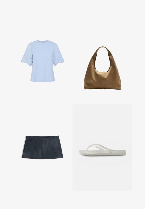 Lyseblå t-shirt med korte, bølgende øjeletærmer. Fremstillet af blødt materiale, har den en rund halsudskæring og en enkel, afslappet pasform.; Mørkeblå stribet mini nederdel med frontlommer og en enkelt knaplukning i taljen.; Hvide flip-flops med en tekstureret sål, der har tynde stropper og et fladt design. Lavet af gummi med et subtilt logo på indersiden.; Brun stof skuldertaske med en bred, rundet krop og et stort udsnit håndtag. Blød tekstur, minimalistisk design og ingen synlig hardware.