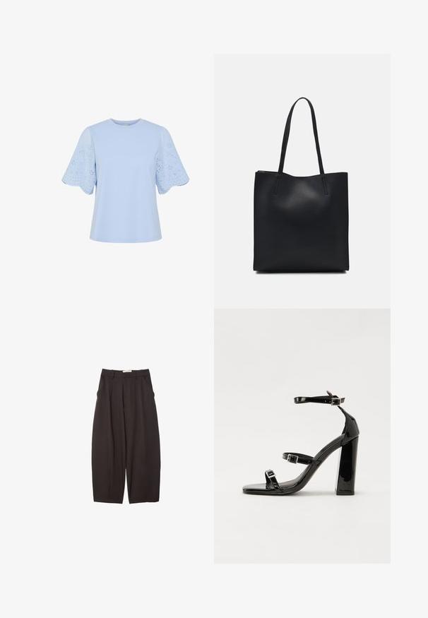 Ljusblå t-shirt med korta, scallopade ögla ärmar. Tillverkad av mjukt tyg, har den en rund halsringning och en enkel, avslappnad passform.; Svarta vida byxor i ett mjukt tyg, med hög midja, framfickor och sidofickor. Enkel design utan utsmyckningar.; Svarta lackerade klacksandaler med fyrkantig tå, ankelremmar och silverfärgade spännen. Har en kraftig blockklack för stabilitet.; Svart lädertoffelväska med slät textur, rektangulär form och två långa handtag. Ingen synlig hårdvara eller dekorationer.