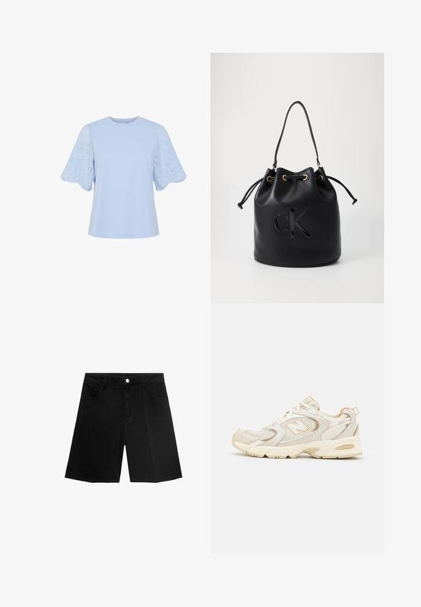Světle modré tričko s krátkými, zvlněnými okraji a průhlednými rukávy. Vyrobeno z měkké tkaniny, má kulatý výstřih a jednoduchý, volný střih.; Černé džínsové šortky s rovnými nohavicemi, pěti kapsami a zapínáním na stříbrný knoflík. Hladká textura s minimem švů.; Béžové sportovní boty s síťovinou a syntetickými vrstvami, mají texturovaný povrch, polstrovaný límec a odpružení "ABZORB" v patě.; Černá kožená kabela ve tvaru kyblíku s utažením na šňůru, s lesklým logem "CK" na přední straně a zlatými kovovými detaily.