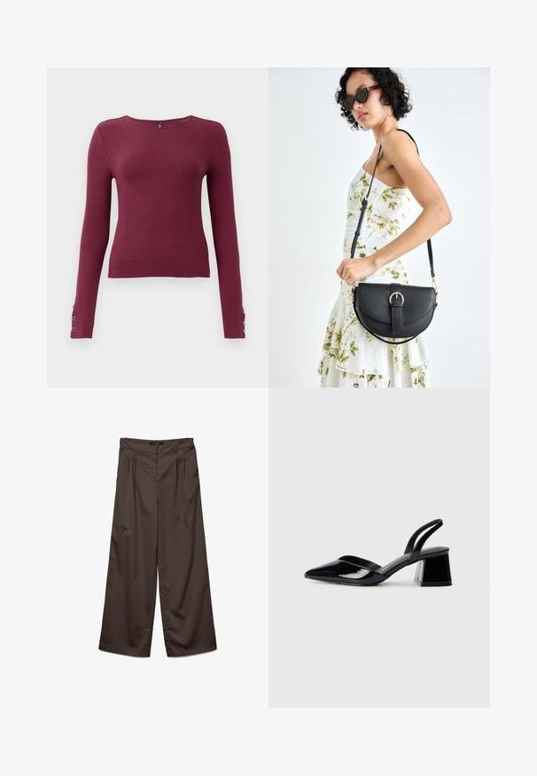 Burgundy ilgo rankovėmis ribotas megztinis su apvalia apykakle ir mygtukų akcentais ant rankovių. Pagamintas iš tekstūruoto trikotažo.; Platus kelnes tamsiai rudos spalvos audinio su lygiu tekstūra. Ypatybės apima klostes priekyje ir standartinį juosmenį.; Juodos lakuotos odinės šlepetės su smailiu pirštu ir geometriniu bloko kulnu. Turi elegantišką, minimalistinį dizainą ir lygų paviršių.; Juodas odinis krepšys su išlenkta forma, nuimamu dirželiu ir auksiniais detalėmis. Krepšys turi kilpą su sagtimi.